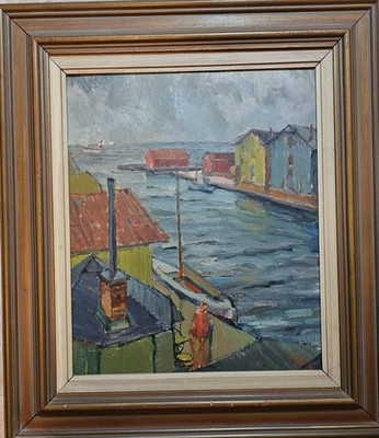 MID CENTURY SCANDINAVIAN OIL  PAINTING HARBOR SCENE WITH BOATS SIGNED - 48.