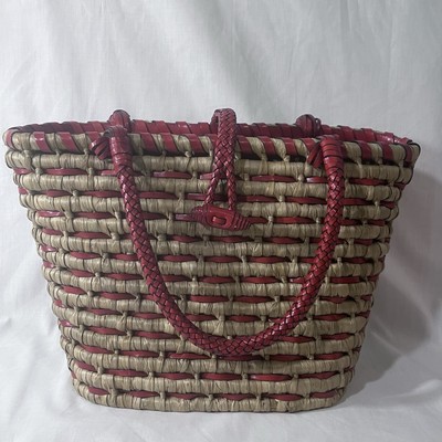 MONSAC Trendy Rattan Basket Straw Purse Red Leather Shoulder Bag Tote Weaved