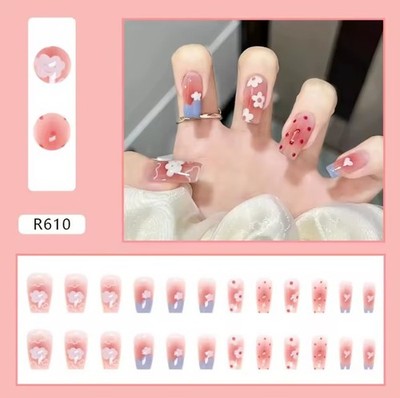 24 Press On Cute Pink Flower Cloud Dot Reusable False Stick On Full Set Nails