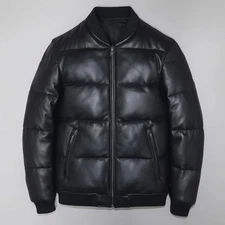 Mens Black Genuine Leather Lambskin Bomber Quilted Down Puffer Jacket