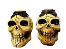 Vintage 2 Small Resin Skull Taper Candle Holders 2" tall Spooky Halloween Decor