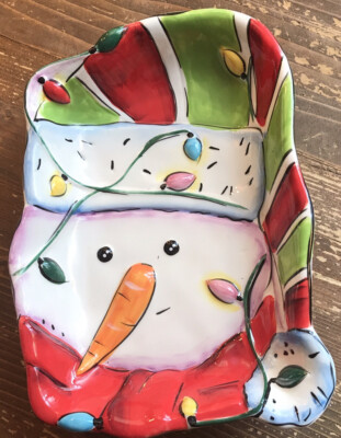 Clay Art Snowman with Carrot Nose Colored Lights Ceramic Candy Trinket Dish