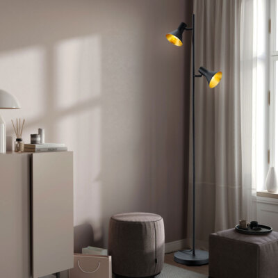 Retro LED Steh Lampe gold schwarz drehbar Wohn Zimmer Decken Fluter Stehleuchte