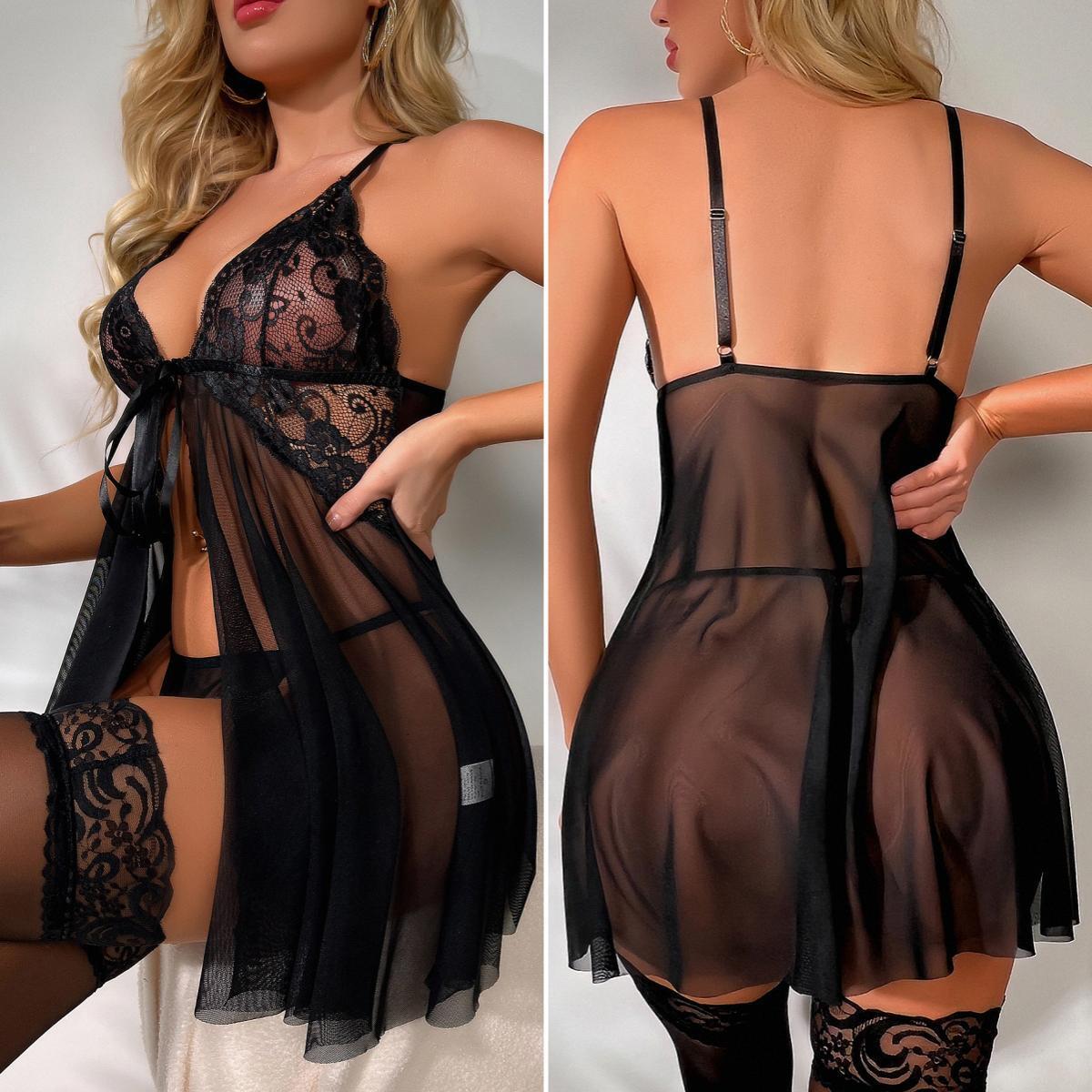 Womens Sheer Lace Lingerie Babydoll Sexy Nightwear with Stockings Nighty  Dresses