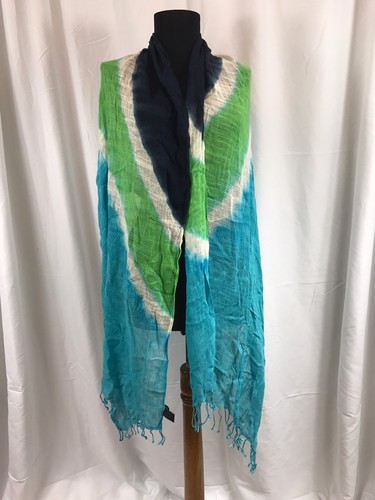 Sciarpa Cejon garzata viscosa tessuto verde bohemien bianco blu frange scialle 78 x22,5" - Foto 3 di 7