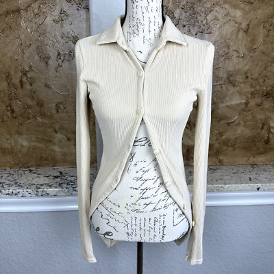 Maniere de Voire Cardigan Top Rib Knit Longline Womens 6 Beige Button LS Stretch