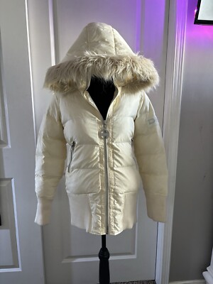 Y2k 2000s Cream DKNY Fur Trimmed Puffer Zip Up 