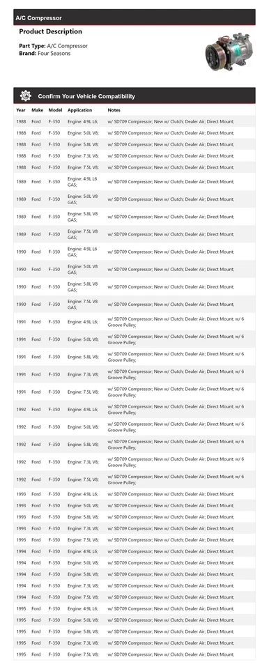 Compresor de aire acondicionado para Ford F-350 1988-1995 4 estaciones 1989 1990 1991 1992 1993 1994 Foto 2 de 4