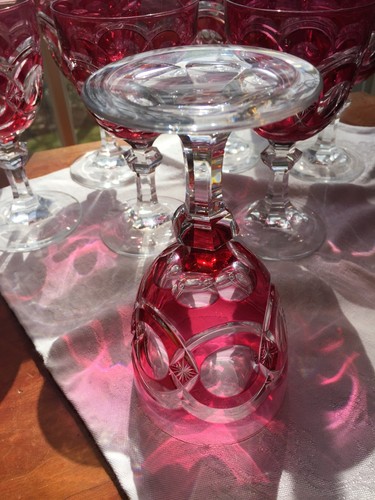 Antique 10 Val St Lambert Cranberry Cut to Clear Water Goblets 1908-20 SCARCE - Picture 4 of 10