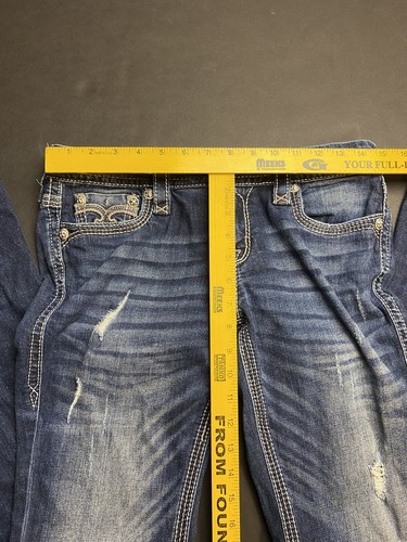 Rock Revival Drew Boot Destroyed Flap Rhinestone Denim Blue Jeans 30x31 I57 - Picture 7 of 8