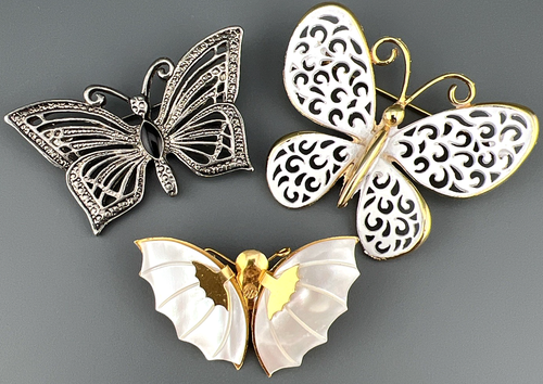 Vintage Butterfly Brooch Lot of 3 Mother Of Pearl Open Work Filigree Some Signed - Picture 2 of 14