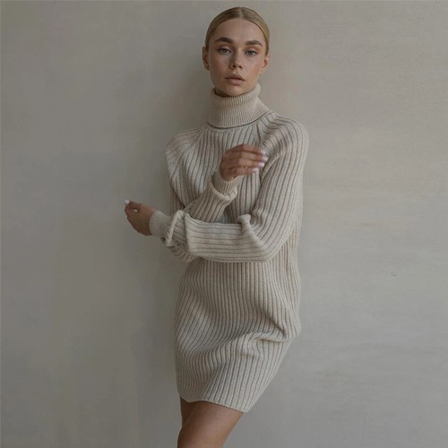 Women's Knitted Cotton Sweater Dress, Thick Knitted Turtleneck Sweater Dress - Picture 34 of 39