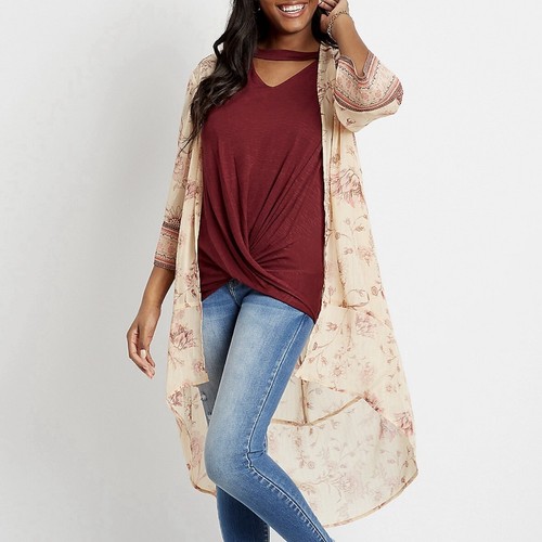Maurices Womens Kimono 2X Light Pink Floral Boho Sheer Duster Layering Feminine - Picture 3 of 8