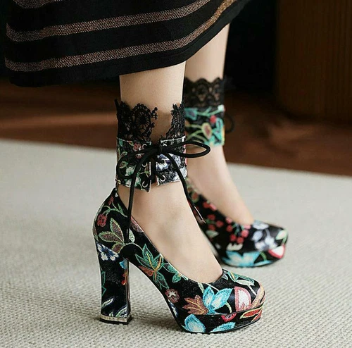Scarpe da sposa donna stampa retrò punta rotonda pizzo tacco spesso tacco super alto - Foto 11 di 17