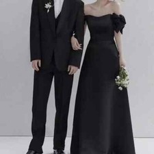 Black Off Shoulder Wedding Dresses Satin Black Elegant Floor-length A Line Gowns