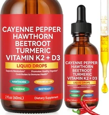 Cayenne Pepper Drops + Hawthorn Vitamin D3 K2 Beet Root Cinnamon 2 oz EXP 06/28