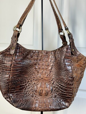 Brahmin Jacqueline Hobo Croco Embossed Pecan Leather Handbag Suede Lined Purse
