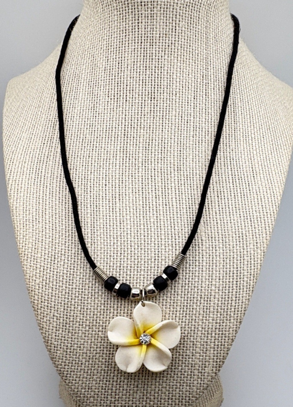 Hawaii Fimo Clay White Flower Pendant Necklace Choker Black Cord