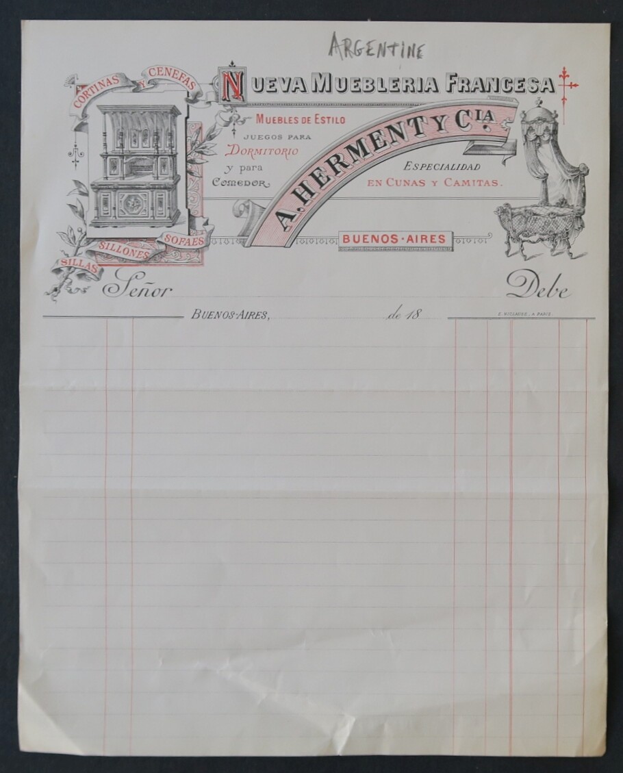 Facture ARGENTINE 18?? HERMENT Buenos-Aires sillas sofaes billhead 124