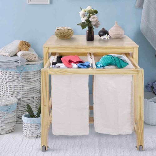Laundry Prep Hamper Home Clothing Storage Organizer Gliding Wheels Solid Wood - Picture 2 of 11