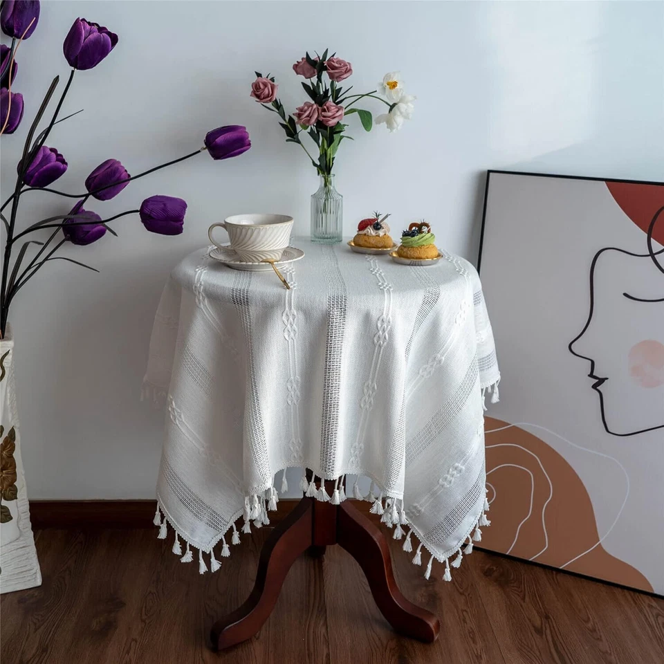 Rustic Stripe Embroidered Tablecloth Dining Kitchen Table Cloth Cover Wedding - Image 3 of 4