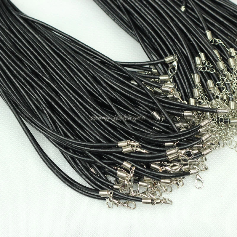 Collar de cordón de cuero genuino negro 2 mm/3 mm 18" con broches cadena de extensión Foto 3 de 4