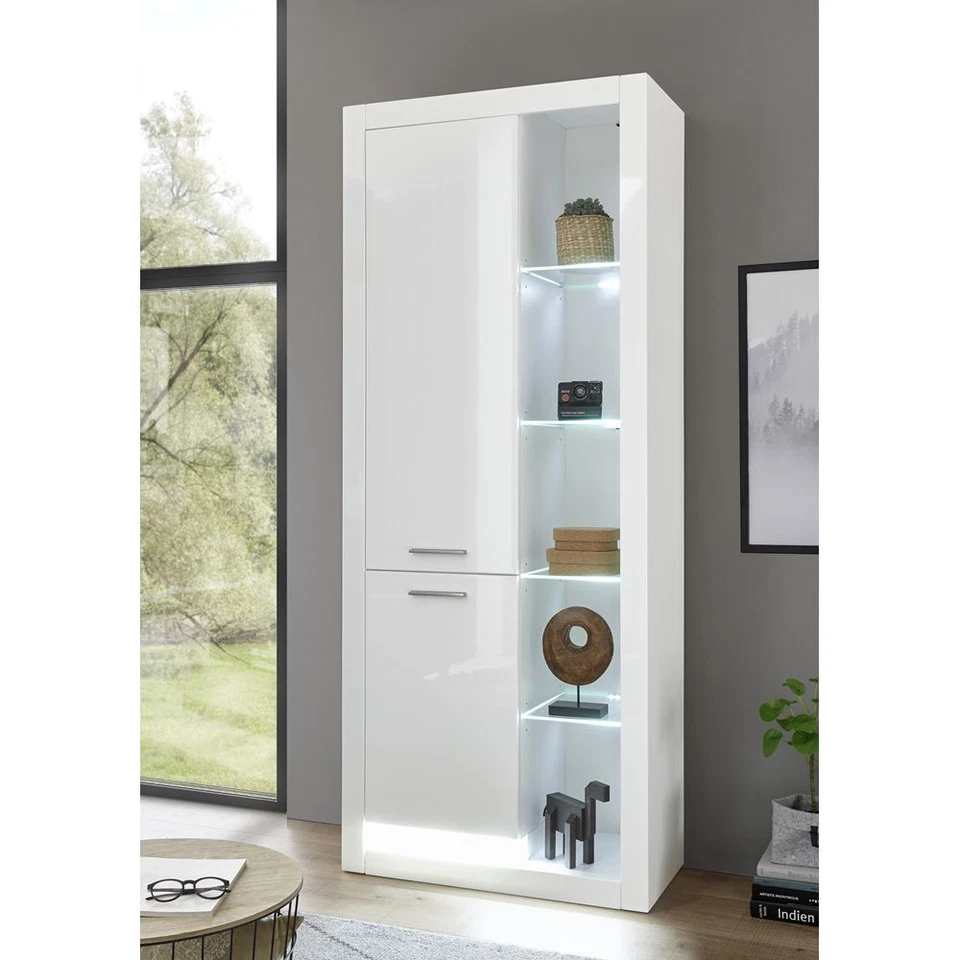 Standvitrine Vitrinenschrank weiß Hochglanz Highboard Schrank m. LED Beleuchtung