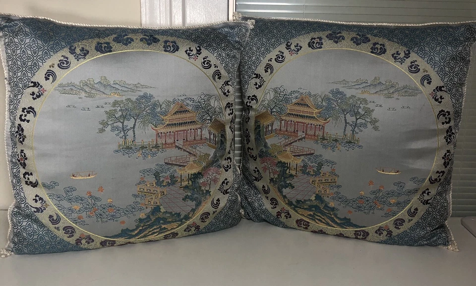 Brocaded Flowers Asian Chinese Throw Pillows Blue Garden Pagoda MCM SET OF 2 - Image 2 of 4