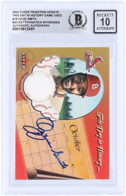 Ozzie Smith Cardinals Signed 2002 Fleer Tradition in History #TDH-OZ BAS 10 Card