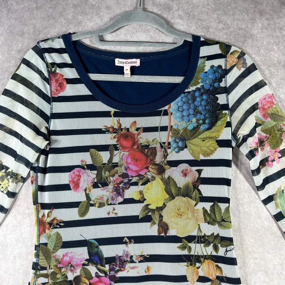 Vintage Juicy Couture Mini Dress Medium Blue White Floral Stripe Mesh Ruffle Y2K - Image 2 of 4