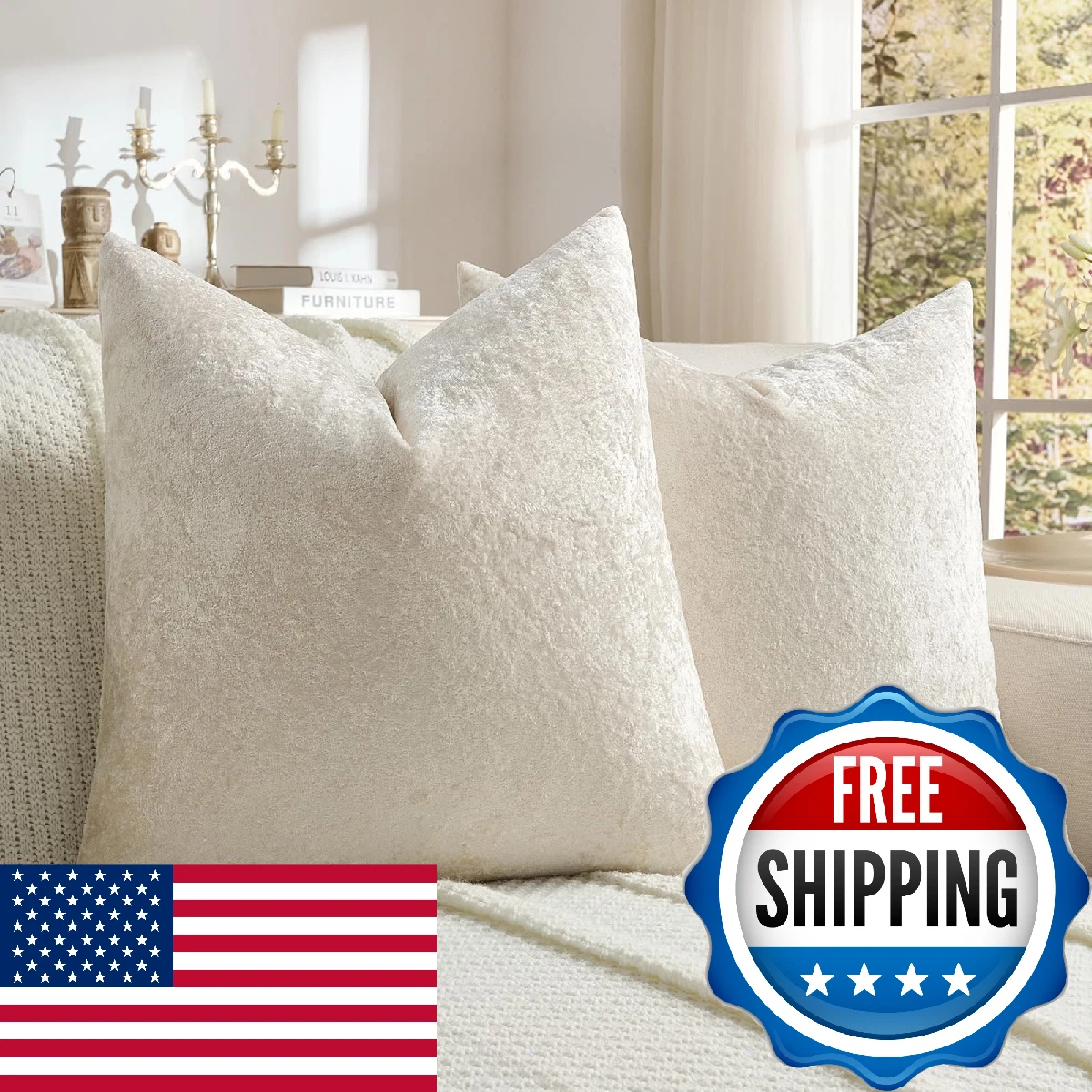 FUTEI Cream Flannel Throw Pillow Covers 20x20 Inch Set of 2,Soft Crushed Dimensi