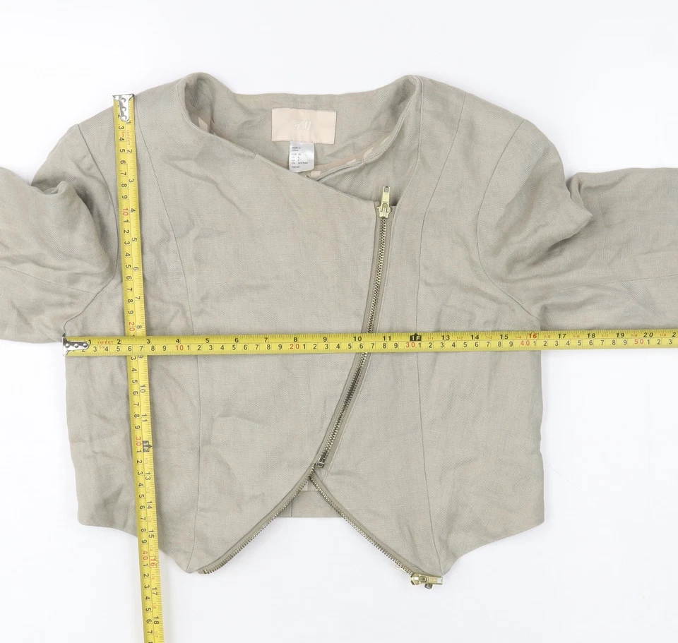 H&M Women’s Beige Linen Cropped Biker Jacket Size 8 - Image 2 of 4