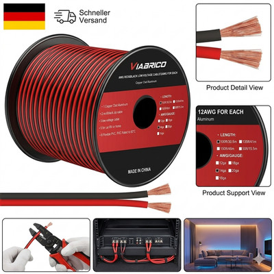 30 Meter 14AWG 2x2,0mm² Elektrischer Draht, 2 Adrig Kabel 5V/12V/24V Stromkabel