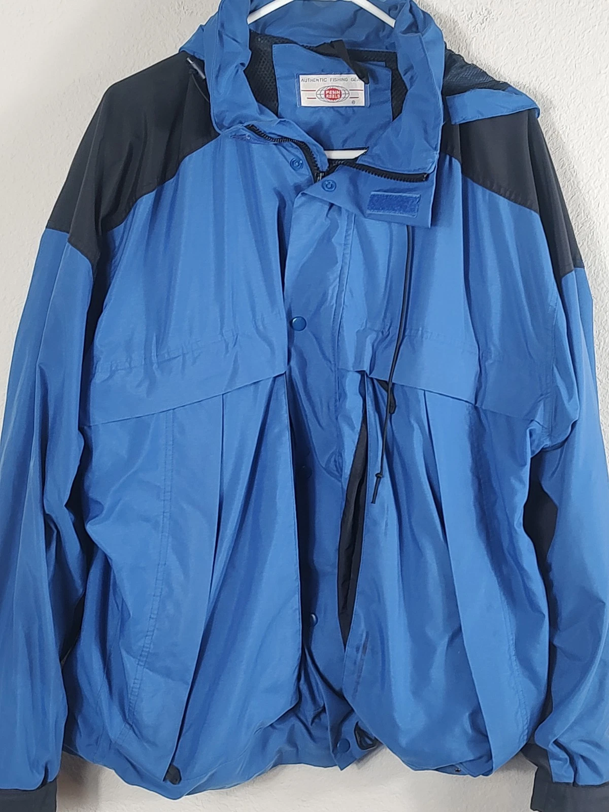 Vintage Penn Reels Fishing Jacket Mens Large Blue Hooded Nylon Tactel Vented