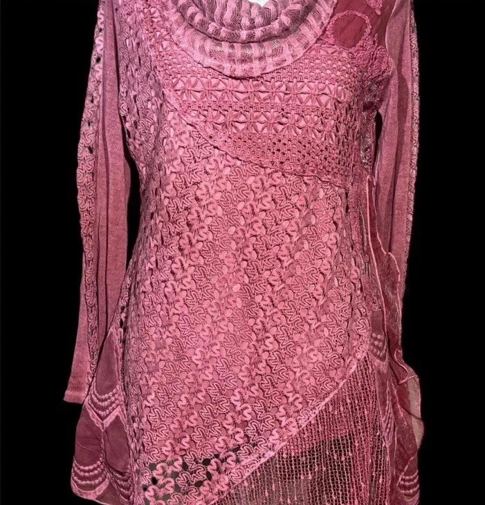 Túnica de renda rosa Simply Couture gola alta feminina pequena boho romântica - Imagem 2 de 4