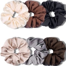 6 Pack Neutral XL 6 Big Scrunchies, Premium Satin, Extra Large, Elastic, Thick