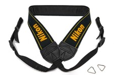FREE SHIPPING Genuine Nikon Camera Strap Black Yellow Logo With 2 Triangle Rings