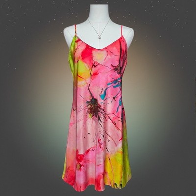 Natori Private Luxuries Pink Floral V-Back Chemise Nightgown Slip Dress Womens M