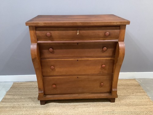 Antique Empire Tall Dresser Solid Wood Curved Front 4 Deep Drawers w Key