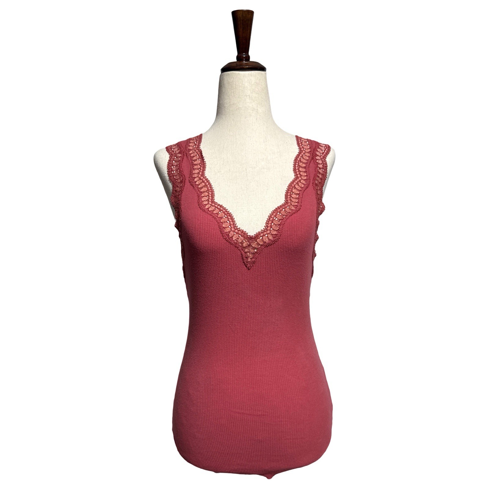 FREE PEOPLE Rib & Lace Double V Tank Top Cami Salmon S ASO Elena Gilbert image 2