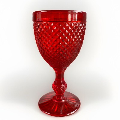 Vintage Ivima Ruby Red 6.5'' Stem Glass Diamond Point Water Wine Goblet