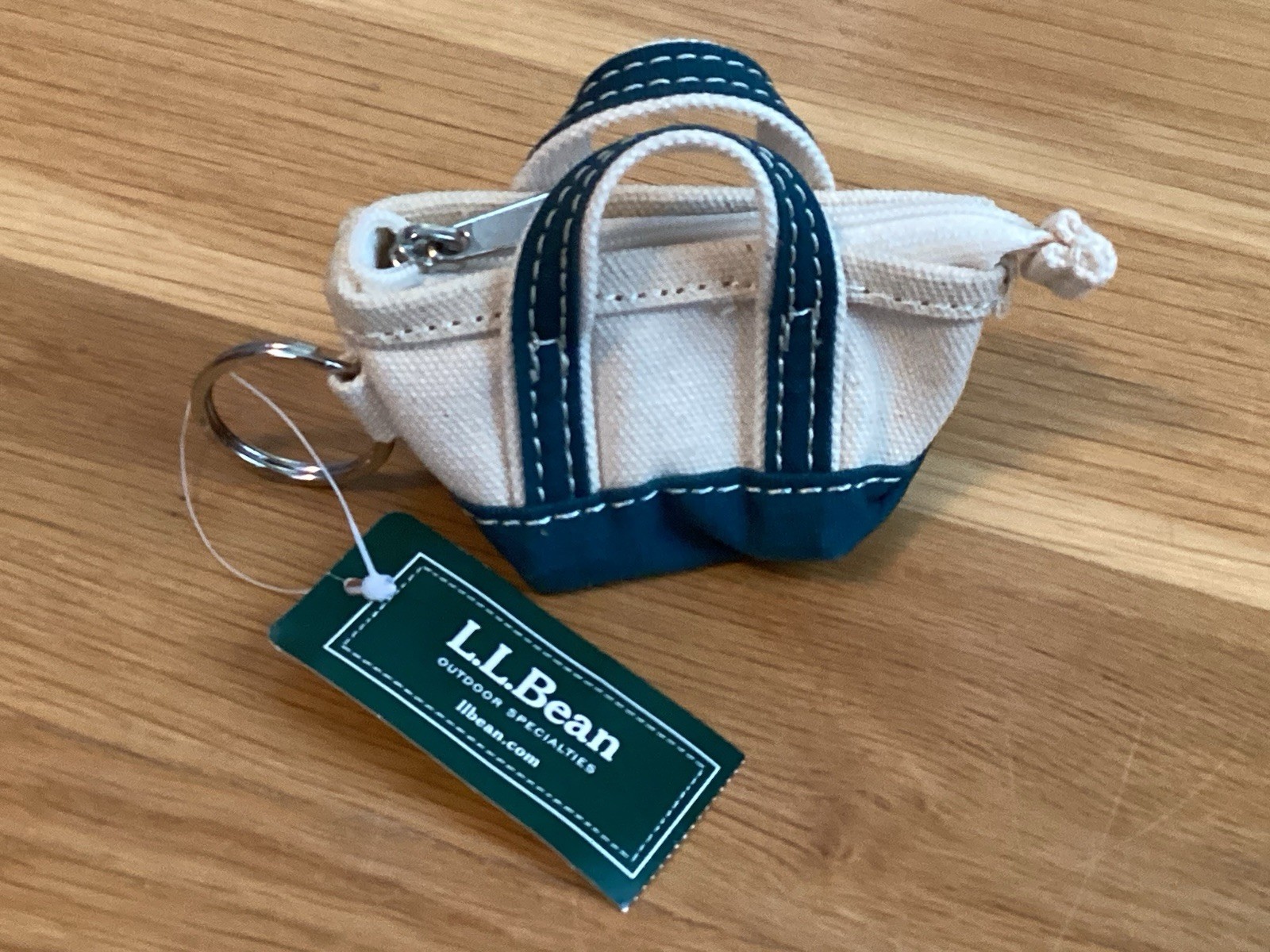Vintage LL Bean Mini Boat Tote Keychain Green Cream Coin Purse 3.5 Inch