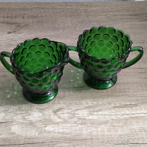 Anchor Hocking Forest Green Bubble Glass Creamer & Sugar Bowl Set - 2 Pieces