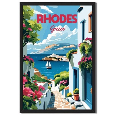 Rhodes Greece Seaside Village Framed Canvas Print Vintage Travel Poster