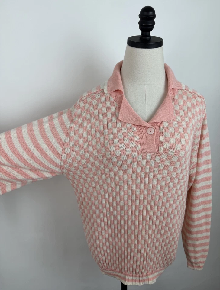 Suéter Vintage Años 80 Para Mujer Grande Rosa Pastel A Cuadros Tejido Rayas Cuello Polo Foto 3 de 4