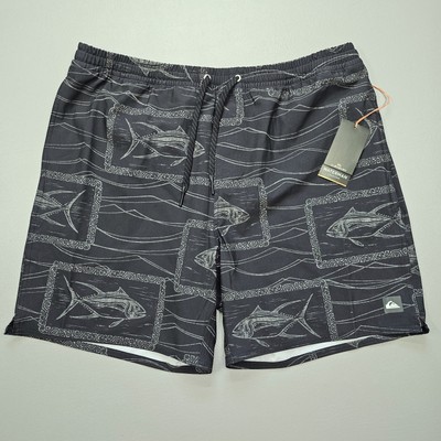 Quiksilver Waterman Fish Print Stretch Lined Elastic Waist Shorts Men's Size 2XL