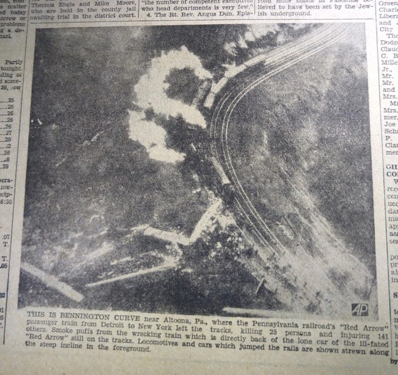 FEB 19, 1947 NEWSPAPER #2637- BENNINGTON CURVE, ALTOONA PA "RED ARROW" TRAIN 