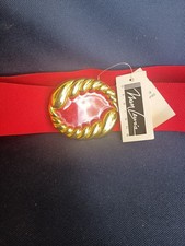 Vintage NAN LEWIS Elastic Stretch Belt with Gold Tone Medallion Buckle Red