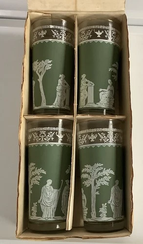 Vintage Jeanette Glass Green Hellenic Jasperware Tumblers Set of 4 with Gold Rim