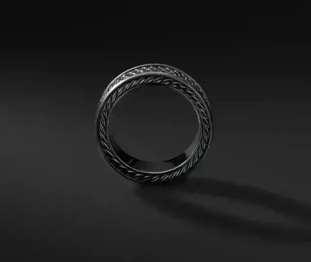 Anillo banda de eternidad para hombre redondo de 3 quilates simulado diamante negro enchapado en oro negro de 14 k Foto 3 de 4
